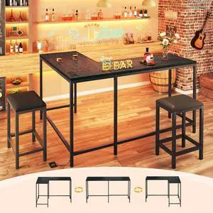 Bar Table and Chairs Set for 2-4, 63'' Convertible L-Shaped Kitchen Table with Power Outlets, 3 Piece Counter Height Small Dining Table with 2 Stools, Space Saving, Breakfast Nook Corner, Black Bar Table and Chairs Set for 2-4, 63'' Convertible L-Shaped Kitchen Table with Power Outlets, 3 Piece Counter Height Small Dining Table with 2 Stools, Space Saving, Breakfast Nook Corner, Black
