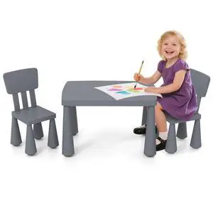 Kids Table and Chair Set, Plastic Children Activity Table and 2 Chairs for Art Craft, Easy-Clean Tabletop, 3-Piece Toddler Furniture Set for Daycare Playroom, Gift for Boys Girls (Grey) Kids Table and Chair Set, Plastic Children Activity Table and 2 Chairs for Art Craft, Easy-Clean Tabletop, 3-Piece Toddler Furniture Set for Daycare Playroom, Gift for Boys Girls (Grey)