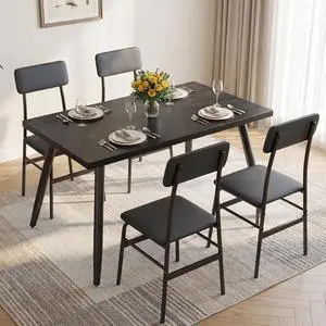 Dining Table Set for 4, Wood Kitchen Table with Upholstered Chairs for Kitchen Room and Small Spaces, Comedor de 4 Sillas y Mesa, Black Dining Table Set for 4, Wood Kitchen Table with Upholstered Chairs for Kitchen Room and Small Spaces, Comedor de 4 Sillas y Mesa, Black