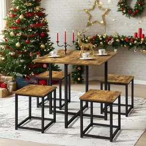 Industrial Dining Table Set for 4 Compact Kitchen Table and 4 Stools Space Saving Home Furniture for Small Space, Rustic Brown Industrial Dining Table Set for 4 Compact Kitchen Table and 4 Stools Space Saving Home Furniture for Small Space, Rustic Brown