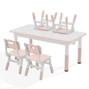 Kids Study Table and Chairs Set, Height Adjustable Toddler Table and Chair Set for Kids Ages 3-8, Graffiti Desktop Plastic Children Art Table with 4 Seats, Lovely Pink Kids Study Table and Chairs Set, Height Adjustable Toddler Table and Chair Set for Kids Ages 3-8, Graffiti Desktop Plastic Children Art Table with 4 Seats, Lovely Pink