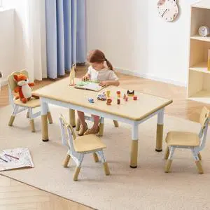 Kids Study Table and Chairs Set, Height Adjustable Toddler Table and Chair Set for Kids Ages 3-8, Graffiti Desktop (Wooden Brown) Kids Study Table and Chairs Set, Height Adjustable Toddler Table and Chair Set for Kids Ages 3-8, Graffiti Desktop (Wooden Brown)