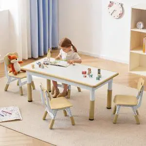 Kids Study Table and Chairs Set, Height Adjustable Toddler Table and Chair Set for Kids Ages 3-8, Graffiti Desktop (Light Brown) Kids Study Table and Chairs Set, Height Adjustable Toddler Table and Chair Set for Kids Ages 3-8, Graffiti Desktop (Light Brown)