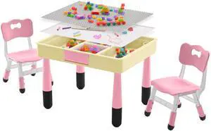 4 in 1 Kids Table and 2 Chairs Set with Storage, Toddler Table and Chair Set for Kids Ages 3-10, Graffiti & Building Blocks Double-Sided Tabletop (Pink, 2 Chairs) 4 in 1 Kids Table and 2 Chairs Set with Storage, Toddler Table and Chair Set for Kids Ages 3-10, Graffiti & Building Blocks Double-Sided Tabletop (Pink, 2 Chairs)