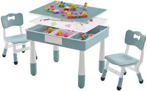 4 in 1 Kids Table and 2 Chairs Set with Storage, Toddler Table and Chair Set for Kids Ages 3-10, Graffiti & Building Blocks Double-Sided Tabletop (Grayish Blue, 2 Chairs) 4 in 1 Kids Table and 2 Chairs Set with Storage, Toddler Table and Chair Set for Kids Ages 3-10, Graffiti & Building Blocks Double-Sided Tabletop (Grayish Blue, 2 Chairs)