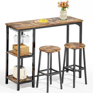 3-Piece Bar Table Set for 2, Bar Height Table with Stools & 2 Storage Shelves, Small Bar Table Set with Glass Rack, Small Kitchen Table for Dining Room, Living Room, Rustic Brown 3-Piece Bar Table Set for 2, Bar Height Table with Stools & 2 Storage Shelves, Small Bar Table Set with Glass Rack, Small Kitchen Table for Dining Room, Living Room, Rustic Brown