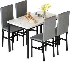 5 Piece Dining Table Set for 4, Small Faux Marble Kitchen Table with 4 Velvet Chairs, Modern Dining Room Table Set for Small Space, Breakfast Nook, Dinette 5 Piece Dining Table Set for 4, Small Faux Marble Kitchen Table with 4 Velvet Chairs, Modern Dining Room Table Set for Small Space, Breakfast Nook, Dinette