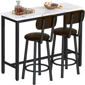 3 Piece Bar Table Set of 2,39.3" Pub Bar Table and Chairs Set,Faux Marble Bar Height Table with 2 Backrest Stools,Small Dining Table for 2,Kitchen Table Set for Small Space,White & Brown 3 Piece Bar Table Set of 2,39.3" Pub Bar Table and Chairs Set,Faux Marble Bar Height Table with 2 Backrest Stools,Small Dining Table for 2,Kitchen Table Set for Small Space,White & Brown