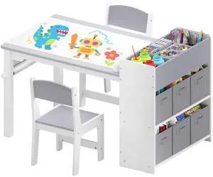 Kids Art Table and Chair Set, Craft and Play Wood Activity Table with Storage Bins and Paper Roll, Toddler Desk for Playroom/Nursery/Home, Kids Table and Chairs Set for Drawing/Learning/Read Kids Art Table and Chair Set, Craft and Play Wood Activity Table with Storage Bins and Paper Roll, Toddler Desk for Playroom/Nursery/Home, Kids Table and Chairs Set for Drawing/Learning/Read