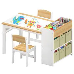 Kids Art Table and Chair Set, Craft and Play Wood Activity Table with Storage Bins and Paper Roll, Toddler Desk for Playroom/Nursery/Home, Kids Table and Chairs Set for Drawing/Learning/Read Kids Art Table and Chair Set, Craft and Play Wood Activity Table with Storage Bins and Paper Roll, Toddler Desk for Playroom/Nursery/Home, Kids Table and Chairs Set for Drawing/Learning/Read