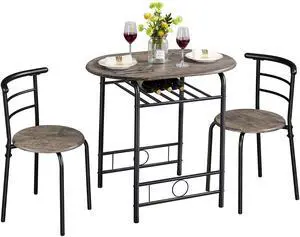 3 Piece Dining Table Set, Kitchen Table & Chair Sets for 2, Compact Bistro Table Set with Steel Legs, Built-in Wine Rack for Small Space, Apartment, Breakfast Nook, Drift Brown 3 Piece Dining Table Set, Kitchen Table & Chair Sets for 2, Compact Bistro Table Set with Steel Legs, Built-in Wine Rack for Small Space, Apartment, Breakfast Nook, Drift Brown