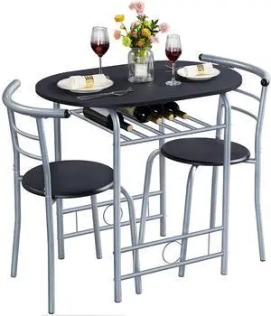 3-Piece Dining Room Table Set, Kitchen Table & Chair Sets for 2, Compact Table Set w/Steel Legs, Built-in Wine Rack for Breakfast Nook, Small Space, Apartment, Black, 31.5x21x29" (LxWxH) 3-Piece Dining Room Table Set, Kitchen Table & Chair Sets for 2, Compact Table Set w/Steel Legs, Built-in Wine Rack for Breakfast Nook, Small Space, Apartment, Black, 31.5x21x29" (LxWxH)