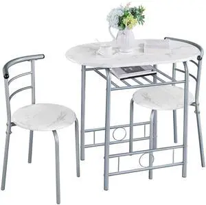 3-Piece Dining Table Set, Breakfast Bistro Table Set for 2, Small Kitchen and Table Chairs Set of 2 with Metal Frame and Storage Rack for Small Space/Apartment/Dorm Room, White 3-Piece Dining Table Set, Breakfast Bistro Table Set for 2, Small Kitchen and Table Chairs Set of 2 with Metal Frame and Storage Rack for Small Space/Apartment/Dorm Room, White