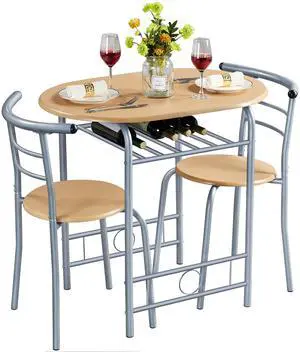3 Piece Dining Table Set, Kitchen Table & Chair Sets for 2, Compact Bistro Table Set with Steel Legs, Built-in Wine Rack for Small Space, Apartment, Breakfast Nook, Natural 3 Piece Dining Table Set, Kitchen Table & Chair Sets for 2, Compact Bistro Table Set with Steel Legs, Built-in Wine Rack for Small Space, Apartment, Breakfast Nook, Natural