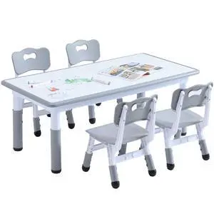 Kids Table and 4 Chairs Set, Height Adjustable Toddler Table and Chair Set, Toddler Desk with Graffiti Desktop & Non-Slip Legs, Children Activity Table for Daycare, Classroom (Grey) Kids Table and 4 Chairs Set, Height Adjustable Toddler Table and Chair Set, Toddler Desk with Graffiti Desktop & Non-Slip Legs, Children Activity Table for Daycare, Classroom (Grey)