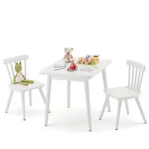 Windsor Kids Table and 2 Chair Set, Rubberwood Toddler Table and Chair Set for Art, Play, Craft, Activity, with Non-Slip Legs Round Edge Design, White Windsor Kids Table and 2 Chair Set, Rubberwood Toddler Table and Chair Set for Art, Play, Craft, Activity, with Non-Slip Legs Round Edge Design, White