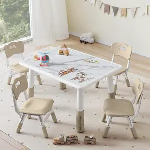 Toddler Table and 4 Chairs Set, Height Adjustable Kids Table and Chair Set, 31.5''L x 23.6''W, Marble Pattern & Graffiti Desktop, Children Multi-Activity Table for Home/Daycare/Classroom Toddler Table and 4 Chairs Set, Height Adjustable Kids Table and Chair Set, 31.5''L x 23.6''W, Marble Pattern & Graffiti Desktop, Children Multi-Activity Table for Home/Daycare/Classroom