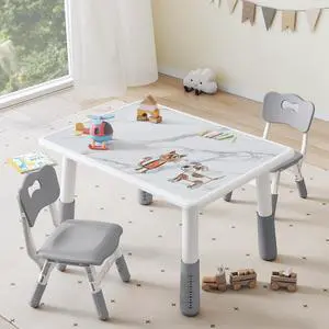 Toddler Table and 2 Chairs Set, Height Adjustable Kids Table and Chair Set, 31.5''L x 23.6''W, Marble Pattern & Graffiti Desktop, Children Multi-Activity Table for Home/Daycare/Classroom Toddler Table and 2 Chairs Set, Height Adjustable Kids Table and Chair Set, 31.5''L x 23.6''W, Marble Pattern & Graffiti Desktop, Children Multi-Activity Table for Home/Daycare/Classroom