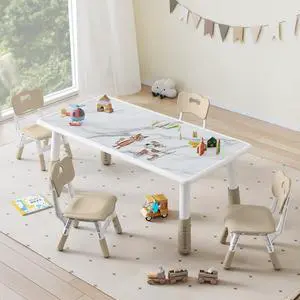 Toddler Table and 4 Chairs Set, Height Adjustable Kids Table and Chairs, 47.2''L x 23.6''W, Marble Pattern & Graffiti Desktop, Children Multi-Activity Table for Home/Daycare/Classroom Toddler Table and 4 Chairs Set, Height Adjustable Kids Table and Chairs, 47.2''L x 23.6''W, Marble Pattern & Graffiti Desktop, Children Multi-Activity Table for Home/Daycare/Classroom