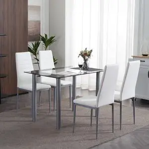 5-Piece Dining Table Set with 4 Leather Chairs, Easy Assembly | 4 White PU chairs & 43.3" glass tabletop, space-saving design, for kitchen/breakfast/living room 5-Piece Dining Table Set with 4 Leather Chairs, Easy Assembly | 4 White PU chairs & 43.3" glass tabletop, space-saving design, for kitchen/breakfast/living room