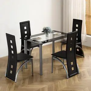 5-Piece Glass Dining Table Set with 4 PVC Chairs, Easy Assembly | 43.3" glass tabletop, 4 PVC chairs, modern design, space-saving, for kitchen/breakfast/living room, black 5-Piece Glass Dining Table Set with 4 PVC Chairs, Easy Assembly | 43.3" glass tabletop, 4 PVC chairs, modern design, space-saving, for kitchen/breakfast/living room, black
