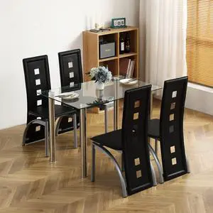 Glass Dining Table Set for 4, PVC Chairs,Silver Leg,Easy Assembly | Glass tabletop, 4 PVC chairs, space-saving, high back for long seating, for kitchen/breakfast/dining/living room Glass Dining Table Set for 4, PVC Chairs,Silver Leg,Easy Assembly | Glass tabletop, 4 PVC chairs, space-saving, high back for long seating, for kitchen/breakfast/dining/living room