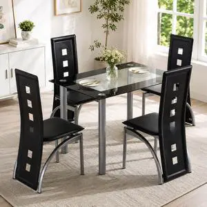 5-Piece Dining Table Set with 1 Glass Dining Table and 4 PVC Chairs, Modern Dining Table Set for Kitchen & Breakfast Dining Living Room, Space Saving 5-Piece Dining Table Set with 1 Glass Dining Table and 4 PVC Chairs, Modern Dining Table Set for Kitchen & Breakfast Dining Living Room, Space Saving