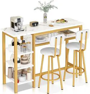 Furniture Kitchen Bar Height Table and Chairs for 2, 5-Tier Compact Dining Room Table, White Faux Marble Top and 2 PU Leather Upholstered Seat, Modern Diningroom Set for Home/Studio/Office Furniture Kitchen Bar Height Table and Chairs for 2, 5-Tier Compact Dining Room Table, White Faux Marble Top and 2 PU Leather Upholstered Seat, Modern Diningroom Set for Home/Studio/Office