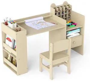 Kids Study Desk and Chair Set, Wooden Learning Table with Storage Hutch, Drawer, Paper Roll, Round MDF Student Furniture for Writing, Drawing, Ages 3+ Kids Study Desk and Chair Set, Wooden Learning Table with Storage Hutch, Drawer, Paper Roll, Round MDF Student Furniture for Writing, Drawing, Ages 3+