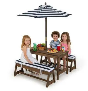Kids Picnic Table, Toddler Wood Table & Chair Set w/Cushions, Height Adjustable Umbrella, Children Activity Table Outdoor Furniture Set for Patio, Garden, Backyard, Gift for Ages 3-8 (Blue) Kids Picnic Table, Toddler Wood Table & Chair Set w/Cushions, Height Adjustable Umbrella, Children Activity Table Outdoor Furniture Set for Patio, Garden, Backyard, Gift for Ages 3-8 (Blue)
