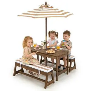Kids Picnic Table, Toddler Wood Table & Chair Set w/Cushions, Height Adjustable Umbrella, Children Activity Table Outdoor Furniture Set for Patio, Garden, Backyard, Gift for Ages 3-8 (Coffee) Kids Picnic Table, Toddler Wood Table & Chair Set w/Cushions, Height Adjustable Umbrella, Children Activity Table Outdoor Furniture Set for Patio, Garden, Backyard, Gift for Ages 3-8 (Coffee)
