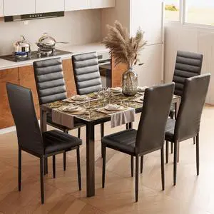 Kitchen Dining Table Set for 6, Tempered Glass 7 Piece Table and Chairs Set Modern for Home, Kitchen, Living Room, Dining Room, Marble Kitchen Dining Table Set for 6, Tempered Glass 7 Piece Table and Chairs Set Modern for Home, Kitchen, Living Room, Dining Room, Marble