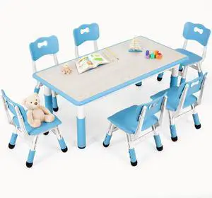 Kids Table and 6 Chairs Set, Height Adjustable Graffiti Desk, Preschool Activity Art Craft Table, for Daycare Classroom Home Boys and Girls Age 3-12 (Blue) Kids Table and 6 Chairs Set, Height Adjustable Graffiti Desk, Preschool Activity Art Craft Table, for Daycare Classroom Home Boys and Girls Age 3-12 (Blue)
