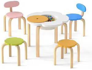 Kids Table and Chairs, 5 PCS Wooden Flower-Shaped Activity Desk with Hidden Storage Space, 2 Chairs & 2 Stools, Toddler Table and Chair Set for Playroom, Kindergarten, Nursery, 3+ Ages Kids Table and Chairs, 5 PCS Wooden Flower-Shaped Activity Desk with Hidden Storage Space, 2 Chairs & 2 Stools, Toddler Table and Chair Set for Playroom, Kindergarten, Nursery, 3+ Ages