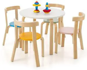 Kids Table and Chair Set, 5-Piece Wooden Activity Desk Set w/Toy Bricks, Classroom Playroom Daycare Furniture for Playing, Drawing, Reading, Bentwood Toddler Table and Chairs (Assorted) Kids Table and Chair Set, 5-Piece Wooden Activity Desk Set w/Toy Bricks, Classroom Playroom Daycare Furniture for Playing, Drawing, Reading, Bentwood Toddler Table and Chairs (Assorted)