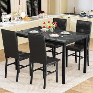 Dining Table Set for 4, Faux Marble Small Kitchen Table with 4 PU Leather Chairs, Modern 5 Piece Dinner Table Set for Dining Room, Breakfast Nook, Samll Space, Black Dining Table Set for 4, Faux Marble Small Kitchen Table with 4 PU Leather Chairs, Modern 5 Piece Dinner Table Set for Dining Room, Breakfast Nook, Samll Space, Black
