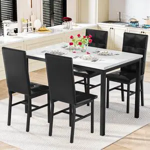 Dining Table Set for 4, Faux Marble Small Kitchen Table with 4 PU Leather Chairs, Modern 5 Piece Dinner Table Set for Dining Room, Breakfast Nook, Samll Space, White & Black Dining Table Set for 4, Faux Marble Small Kitchen Table with 4 PU Leather Chairs, Modern 5 Piece Dinner Table Set for Dining Room, Breakfast Nook, Samll Space, White & Black