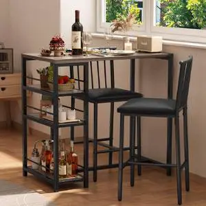 Dining Table Set for 2 with 3 Storage Shelves, Kitchen Table and Chairs for 2 with Pu Cushion Chairs & Thick Wood Top, 3 Piece Dining Table Set for Small Space, Apartment - Grey Dining Table Set for 2 with 3 Storage Shelves, Kitchen Table and Chairs for 2 with Pu Cushion Chairs & Thick Wood Top, 3 Piece Dining Table Set for Small Space, Apartment - Grey