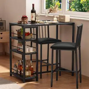 Dining Table Set for 2 with 3 Storage Shelves, Kitchen Table and Chairs for 2 with Pu Cushion Chairs & Thick Wood Top, 3 Piece Dining Table Set for Small Space, Apartment - Black Dining Table Set for 2 with 3 Storage Shelves, Kitchen Table and Chairs for 2 with Pu Cushion Chairs & Thick Wood Top, 3 Piece Dining Table Set for Small Space, Apartment - Black