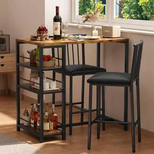 Dining Table Set for 2 with 3 Storage Shelves, Kitchen Table and Chairs for 2 with Pu Cushion Chairs & Thick Wood Top, 3 Piece Dining Table Set for Small Space, Apartment - Retro Dining Table Set for 2 with 3 Storage Shelves, Kitchen Table and Chairs for 2 with Pu Cushion Chairs & Thick Wood Top, 3 Piece Dining Table Set for Small Space, Apartment - Retro