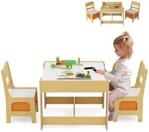 Kids Table and Chairs, 3 in 1 Activity Table with Storage Drawer, Writable Blackboard, Detachable Tabletop, Wooden Toddler Table and Chair Set for Drawing, Reading, Writing, Playroom (Natural) Kids Table and Chairs, 3 in 1 Activity Table with Storage Drawer, Writable Blackboard, Detachable Tabletop, Wooden Toddler Table and Chair Set for Drawing, Reading, Writing, Playroom (Natural)