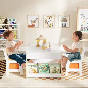 Kids Table and Chairs, 4 in 1 Wooden Activity Table with Bookshelves, Storage Drawer, Reversible Tabletop & Chalkboard, Toddler Table and Chair Set for Drawing, Reading, Game, Crafts (Natural) Kids Table and Chairs, 4 in 1 Wooden Activity Table with Bookshelves, Storage Drawer, Reversible Tabletop & Chalkboard, Toddler Table and Chair Set for Drawing, Reading, Game, Crafts (Natural)