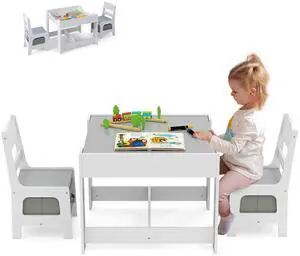 Kids Table and Chairs, 3 in 1 Activity Table with Storage Drawer, Writable Blackboard, Detachable Tabletop, Wooden Toddler Table and Chair Set for Drawing, Reading, Writing, Playroom (Grey) Kids Table and Chairs, 3 in 1 Activity Table with Storage Drawer, Writable Blackboard, Detachable Tabletop, Wooden Toddler Table and Chair Set for Drawing, Reading, Writing, Playroom (Grey)
