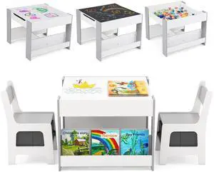 Kids Table and Chairs, 4 in 1 Wooden Activity Table with Bookshelves, Storage Drawer, Reversible Tabletop & Chalkboard, Toddler Table and Chair Set for Drawing, Reading, Game, Crafts (Gray) Kids Table and Chairs, 4 in 1 Wooden Activity Table with Bookshelves, Storage Drawer, Reversible Tabletop & Chalkboard, Toddler Table and Chair Set for Drawing, Reading, Game, Crafts (Gray)