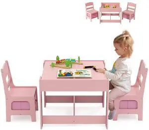 Kids Table and Chairs, 3 in 1 Wooden Kids Table with Storage Drawer, Removable Blackboard, Reversible Tabletop, Toddler Table and Chair Set for Drawing, Reading (Pink) Kids Table and Chairs, 3 in 1 Wooden Kids Table with Storage Drawer, Removable Blackboard, Reversible Tabletop, Toddler Table and Chair Set for Drawing, Reading (Pink)