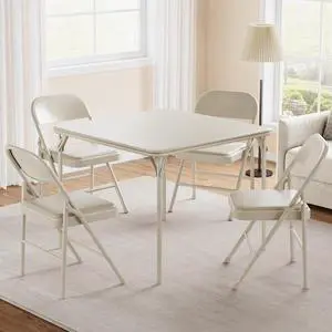 Folding Portable Card Table and Foldable Chair Set of 5, Pu Upholstered Foldable Chairs and Table With Metal Frame, Folding Table and Chair Suitable for Dining Room, Living Room, Office, Camping-Beige Folding Portable Card Table and Foldable Chair Set of 5, Pu Upholstered Foldable Chairs and Table With Metal Frame, Folding Table and Chair Suitable for Dining Room, Living Room, Office, Camping-Beige