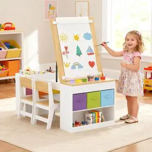 Kids Art Table and 2 Chairs Set, Wooden Craft Desk with 2 Storage Shelves, 6 Storage Bins & Paper Roll for Drawing, Learning and Reading, Toddler Activity Play Desk for Home, 47 L x23 W Kids Art Table and 2 Chairs Set, Wooden Craft Desk with 2 Storage Shelves, 6 Storage Bins & Paper Roll for Drawing, Learning and Reading, Toddler Activity Play Desk for Home, 47 L x23 W