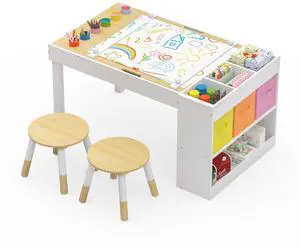 Kids Art Table and 2 Chairs Set, Wooden Craft Desk with Storage Shelves, 3 Storage Bins & Paper Roll for Drawing, Learning and Reading, Toddler Activity Play Desk for Home, 39 L x23 W Kids Art Table and 2 Chairs Set, Wooden Craft Desk with Storage Shelves, 3 Storage Bins & Paper Roll for Drawing, Learning and Reading, Toddler Activity Play Desk for Home, 39 L x23 W