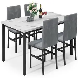 5-Piece Dining Table Set for 4 with Faux Marble Top & Velvet Chairs, Space Saving Modern Kitchen Table Set for Small Spaces, Apartments 5-Piece Dining Table Set for 4 with Faux Marble Top & Velvet Chairs, Space Saving Modern Kitchen Table Set for Small Spaces, Apartments