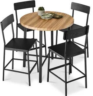 5-Piece Modern Round Counter Height Dining Set for Home Kitchen, Dining Room w/ 4 Chairs, 1.5in Thick Table - Light Brown/Black 5-Piece Modern Round Counter Height Dining Set for Home Kitchen, Dining Room w/ 4 Chairs, 1.5in Thick Table - Light Brown/Black